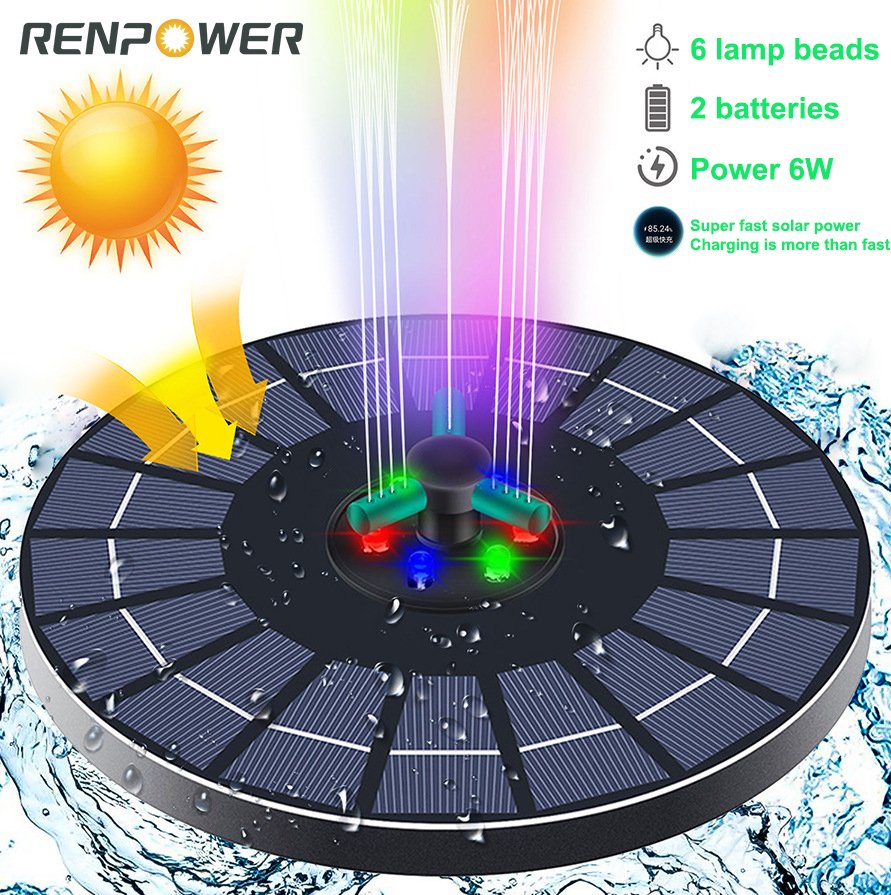 Fontanna słoneczna z kolorowymi światłami 4W6W Rotacja dyszy może przechowywać energię elektryczną do ogrodu Floating Water Pomp Fontanna